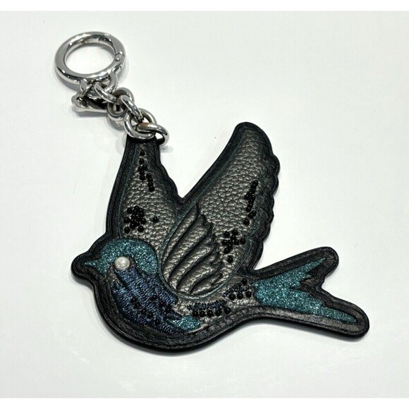 Coach Beaded Dark Teal Blue Bird Keychain Bag Charm Retro Keyfob 3.5" Glitter - Picture 1 of 13